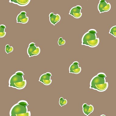 Desen. küçük kireç ve yaprakları farklı boyutlarda kahverengi zemin üzerine.