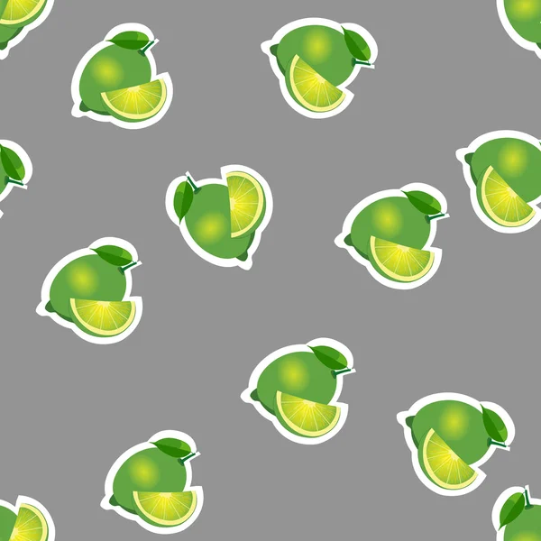 Pattern. lime and leaves with slices on gray background. — Stock Vector