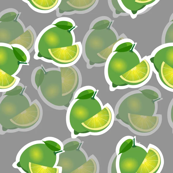 Pattern. lime and leaves and slises same sizes on gray background. Transparency lime. — Stock Vector