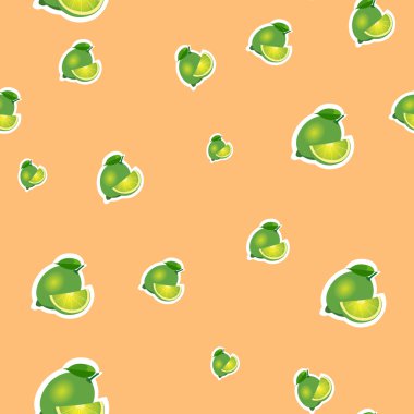 Desen. küçük kireç ve yaprakları farklı boyutlarda turuncu zemin üzerine.