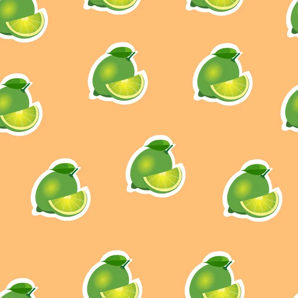 Pattern. lime and leaves and slices on orange background. — Stock Vector