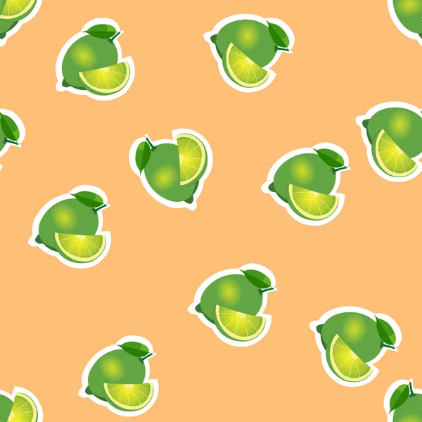 Pattern. lime and leaves with slices on orange background. — Stock Vector