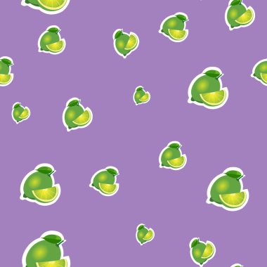 Desen. küçük kireç ve yaprakları farklı boyutlarda mor zemin üzerine.