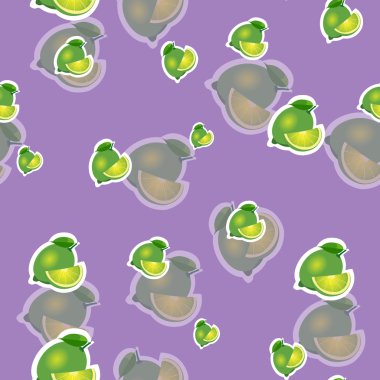 Desen. Mor zemin üzerine farklı boyutlardaki kireç ve yaprakları. Şeffaflık kireç.