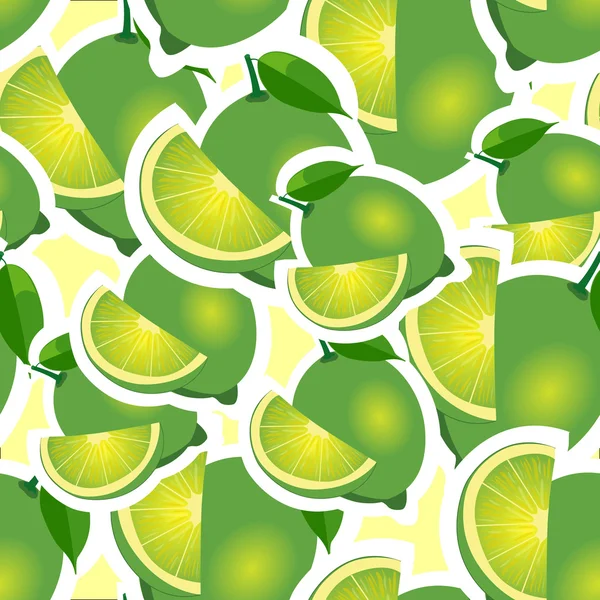 Pattern. lime and leaves different sizes on yellow background. — Stock Vector