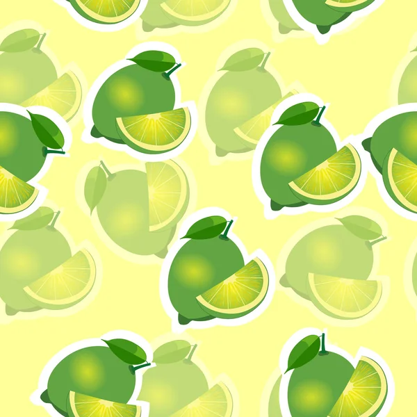 Pattern. lime and leaves and slises same sizes on yellow background. Transparency lime. — Stock Vector