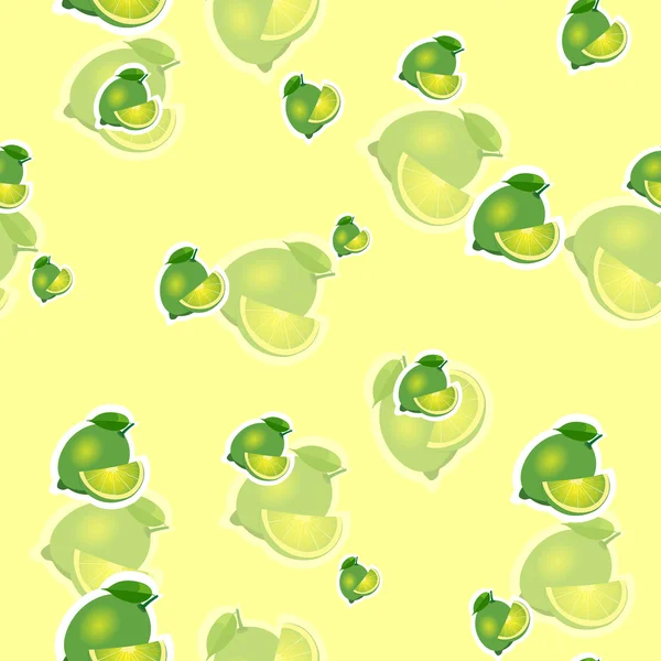 Pattern. lime and leaves different sizes on yellow background. Transparency lime. — Stock Vector