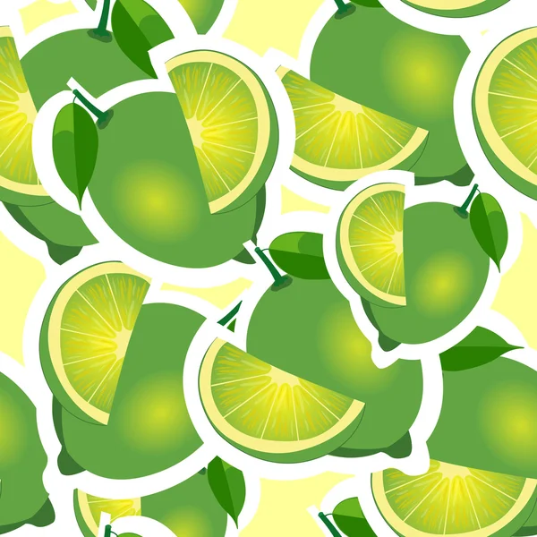 Pattern. lime and leaves different big sizes on yellow background. — Stock Vector