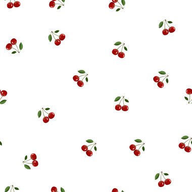 Kırmızı küçük kiraz aynı boyutlarıyla yapraklarda beyaz arka plan desenini