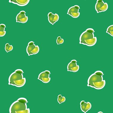 Desen. küçük kireç ve yaprakları yeşil zemin üzerine farklı boyutlarda.