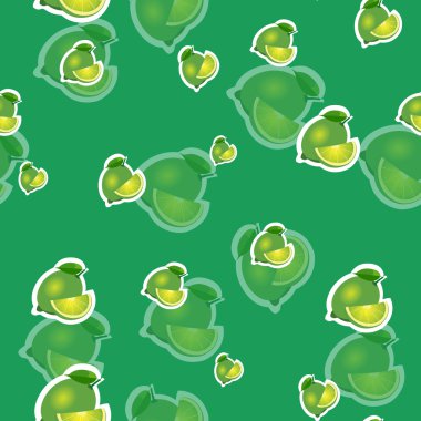 Desen. farklı boyutlardaki kireç ve yaprakları yeşil zemin üzerine. Şeffaflık kireç.