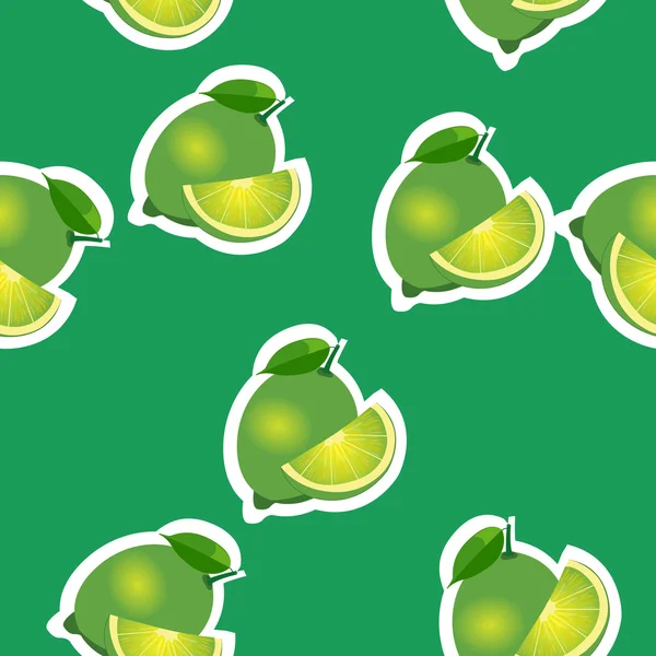 Wzór. plasterki limonki i leavesand takie same rozmiary na zielonym tle. — Wektor stockowy