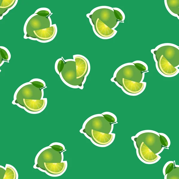 Pattern. lime and leaves with slices on green background. — Stock Vector