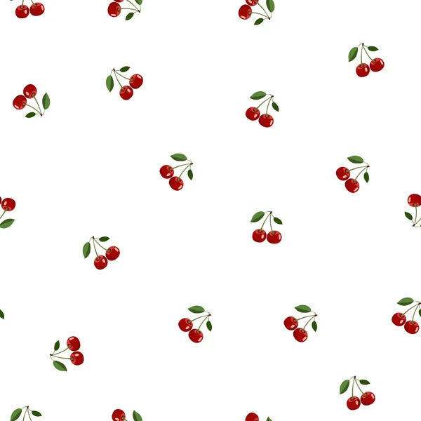 Pattern of red small cherry same sizes with leaves on white background — Stock Vector