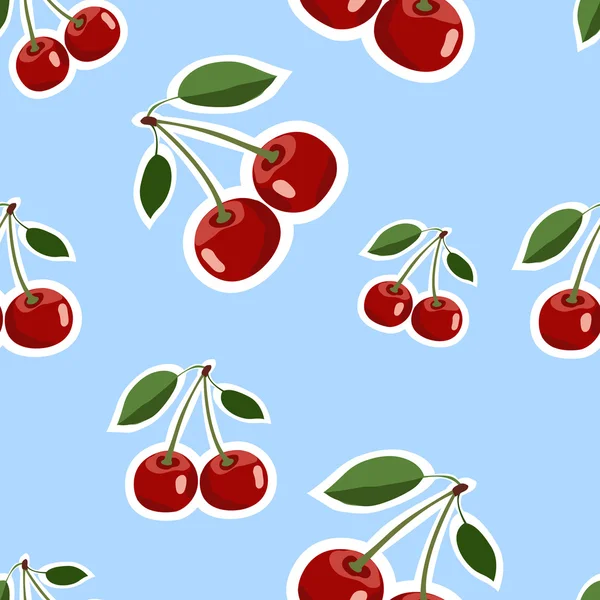 Mönster av röda stora cherry klistermärken olika storlekar med blad på blå bakgrund — Stock vektor