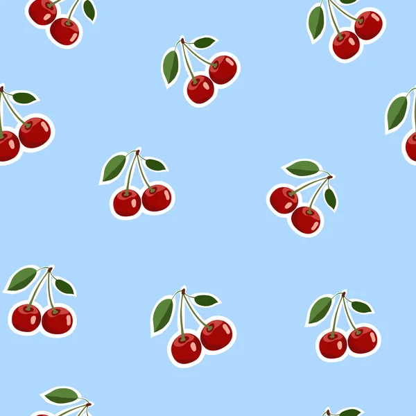 Pattern of red small cherry stickers same sizes with leaves on blue background — Stock Vector