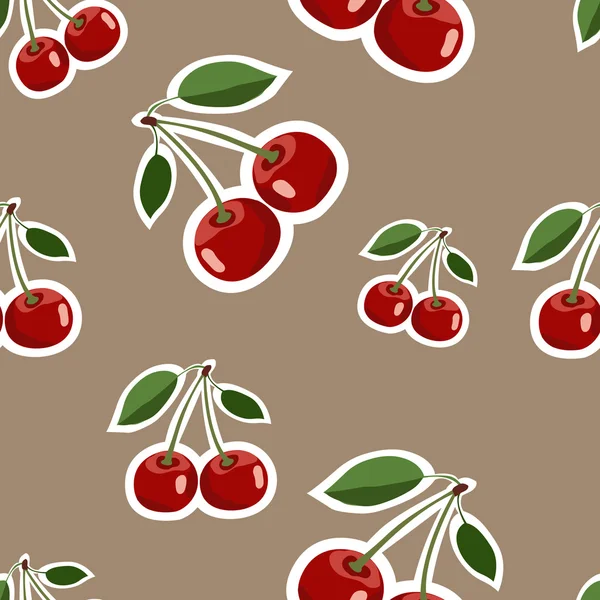 Mönster av röda stora cherry klistermärken olika storlekar med blad på brun bakgrund — Stock vektor