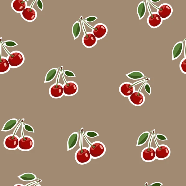 Pattern of red small cherry stickers same sizes with leaves on brown background — Stock Vector