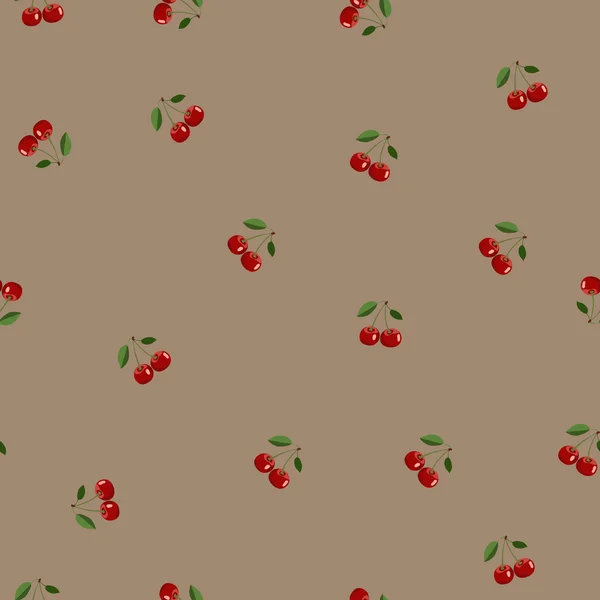 Muster roter kleiner Kirschen gleicher Größe mit Blättern auf braunem Hintergrund — Stockvektor