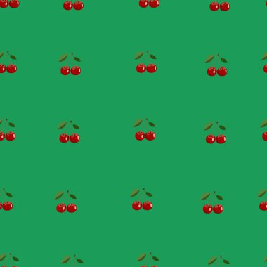 Yeşil arka plan deseni ile küçük kırmızı kiraz yaprakları