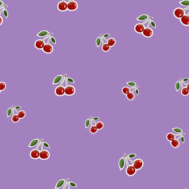 Kırmızı küçük kiraz çıkartmaları farklı boyutlarıyla yapraklarda mor arka plan desenini