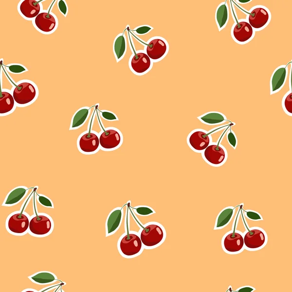 Pattern of red small cherry stickers same sizes with leaves on orange background — Stock Vector