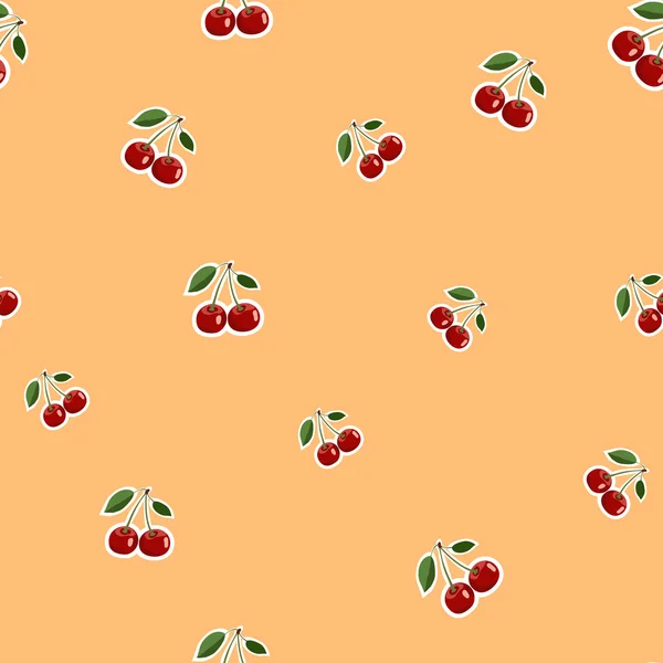 Mönster av röda små körsbär klistermärken olika storlekar med blad på orange bakgrund — Stock vektor