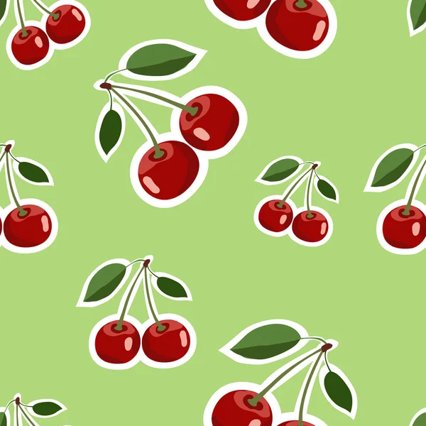 Mönster av röda stora cherry klistermärken olika storlekar med blad på ljusgrön bakgrund — Stock vektor
