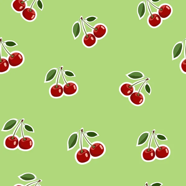 Patrón de pequeñas pegatinas de cereza rojas del mismo tamaño con hojas sobre fondo verde claro — Vector de stock