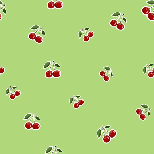 Muster kleiner roter Kirschaufkleber in verschiedenen Größen mit Blättern auf hellgrünem Hintergrund — Stockvektor