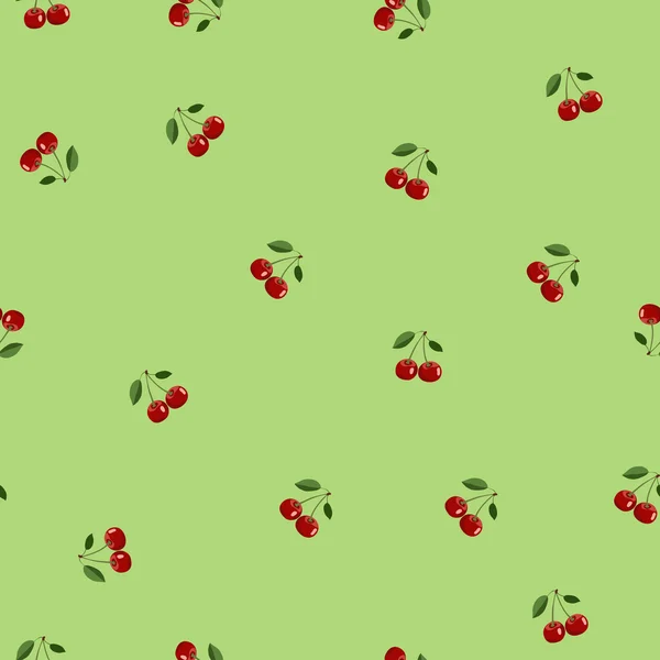 Pattern of red small cherry same sizes with leaves on light green background — Stock Vector