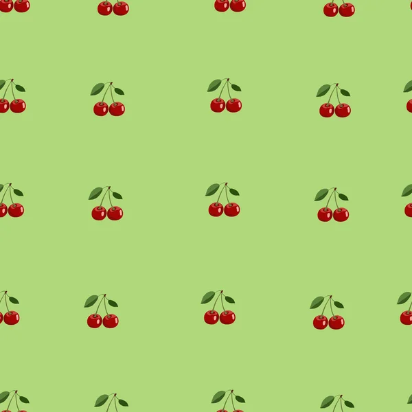 明るい緑の背景に葉と小さな赤いチェリーのパターン — ストックベクタ