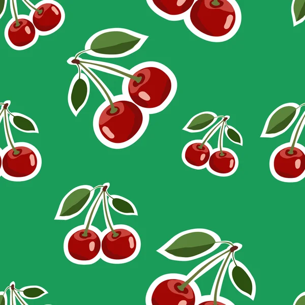 Mönster av röda stora cherry klistermärken olika storlekar med blad på grön bakgrund — Stock vektor