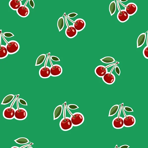 Mönster av röda små körsbär klistermärken samma storlekar med blad på grön bakgrund — Stock vektor