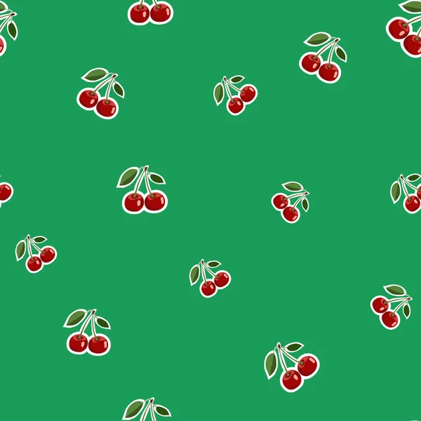 Pattern of red small cherry stickers different sizes with leaves on green background — Stock Vector