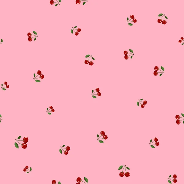 Kırmızı küçük kiraz farklı boyutlarıyla yapraklarda pembe arka plan desenini