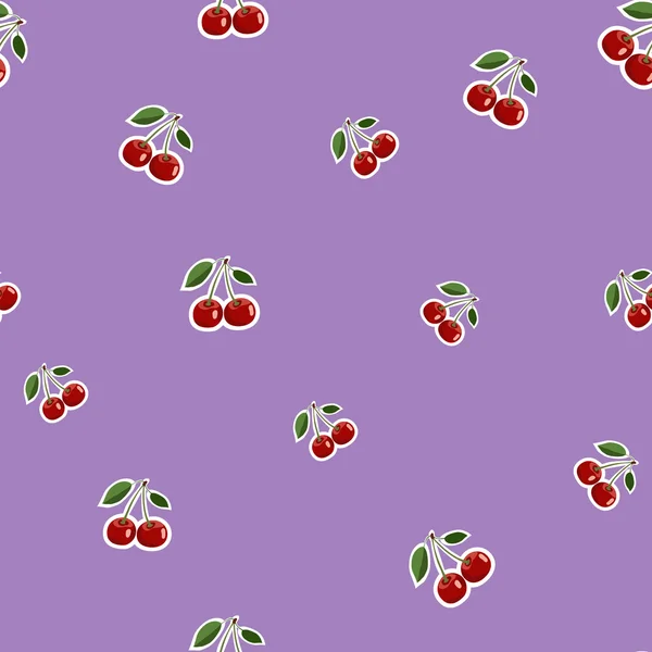 Motif de petits autocollants cerise rouge différentes tailles avec des feuilles sur fond violet — Image vectorielle