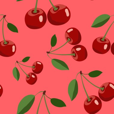 Kırmızı arka plan üzerinde yaprakları ile kırmızı kiraz Desen