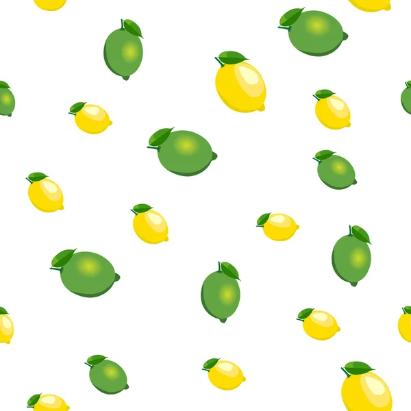 Patrón sin costuras con limones pequeños y limas con hojas. Fondo blanco . — Vector de stock