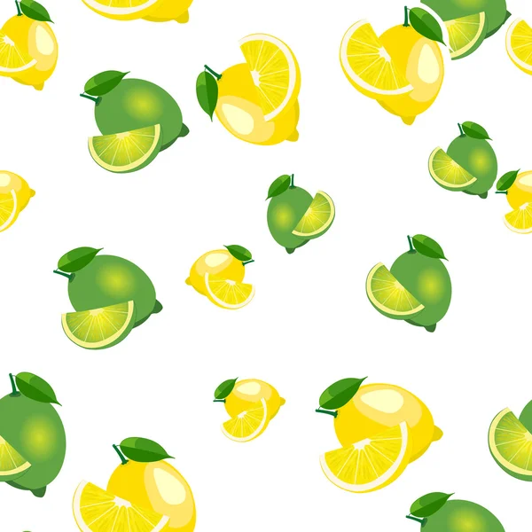 Seamless pattern with lemons and limes with leaves and slices stickers. White background. — Stock Vector