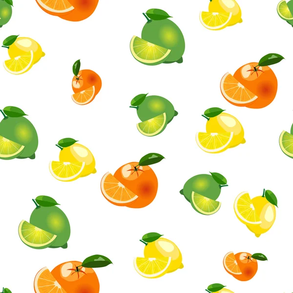 Patrón sin costuras con limón, naranja, lima con rodajas. Fruto aislado sobre un fondo blanco — Vector de stock