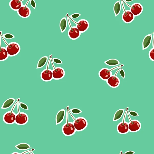 Pattern of red small cherry stickers same sizes with leaves on turquoise background — Stock Vector