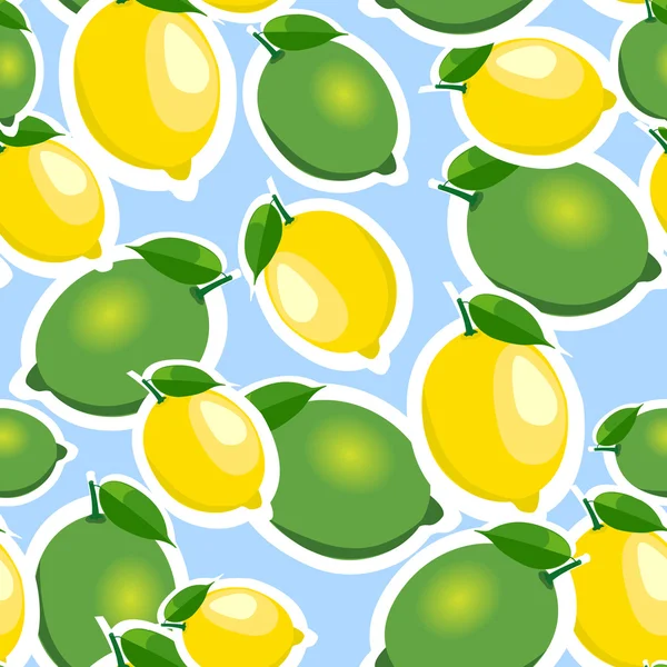 Seamless pattern with big lemons and limes with leaves. Blue background. — Stock Vector