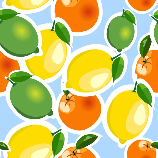 Vzor bezešvé s citron, pomeranč, vápno samolepky. Ovoce, samostatný na modrém pozadí — Stockový vektor