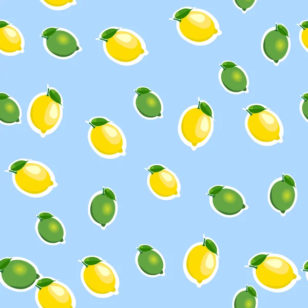 Naadloze patroon met kleine citroenen en limoenen met bladeren. Blauwe achtergrond. — Stockvector