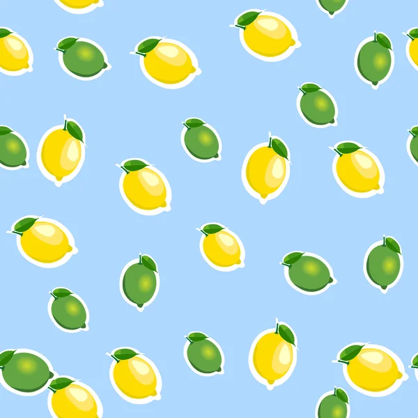 Patrón sin costuras con limones pequeños y limas con hojas. Fondo azul . — Vector de stock