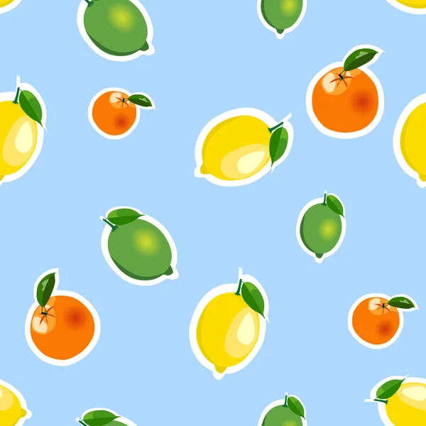 Patrón sin costuras con limón, naranja, lima. Fruto aislado sobre un fondo azul — Vector de stock