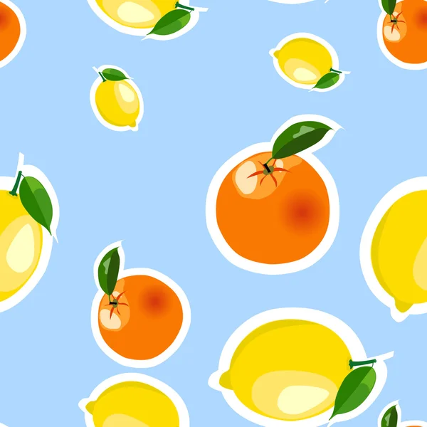 Motif sans couture avec citron, autocollants orange. Fruit isolé sur fond bleu — Image vectorielle