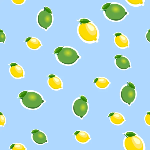 Бесшовный узор с маленькими лимонами и лаймами с зелеными листьями. Синий фон . — стоковый вектор