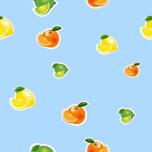 Patrón sin costuras con limón pequeño, naranja, lima con rodajas. Fruto aislado sobre un fondo azul — Vector de stock